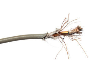 A close-up of a frayed electrical wire, showcasing exposed copper strands and damaged insulation.