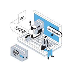 Delivery service 3d isometric concept with isometry people design for web. Client making online shopping, ordering fast shipping, receiving parcel box from courier on scooter. Vector illustration