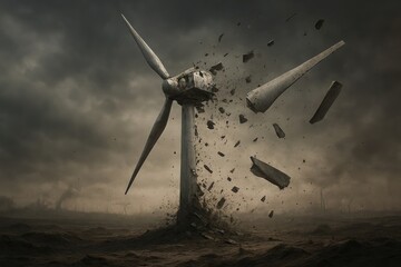 Damaged wind turbine in desolate landscape