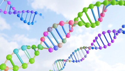 Conceptual dna strands with colorful segments floating against a sky backdrop