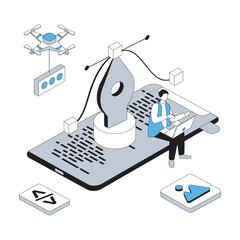 Designer studio 3d isometric concept with isometry people design for web. Visual artist drawing digital content, coding and programming application, working with inspiration. Vector illustration