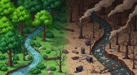 Obraz premium Environmental destruction contrast forest pollution illustration