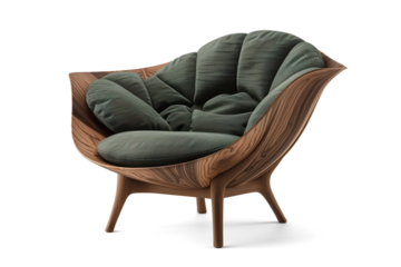 Unique wooden shell-shaped armchair with a dark green cushion on a transparent background