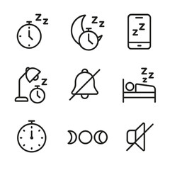 Sleep Timer Icons. Outline icon set of sleep timer: bedtime clock, moon with timer, sleep mode icon, night light timer, alarm