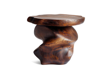 Unique, hand-carved wooden side table with an abstract, organic design on a transparent background