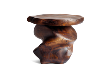 Unique, hand-carved wooden side table with an abstract, organic design on a transparent background