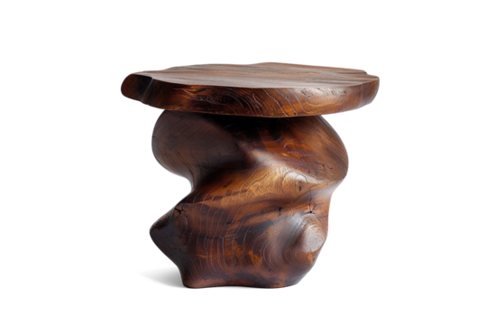 Unique, hand-carved wooden side table with an abstract, organic design on a transparent background