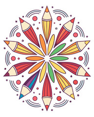 "Seamless vector background of colored pencils arranged in a circular mandala pattern, rainbow palette, white background, suitable for creative posters or kids’ cards"
