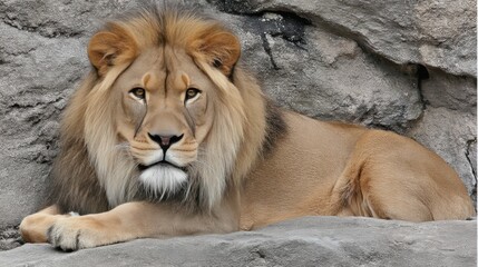 A majestic lion resting on rocky terrain with a calm and regal expression