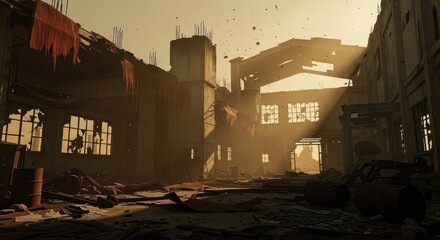 Deserted urban ruins golden light