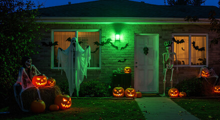 Fototapeta premium Front yard Halloween decoration with ghost, pumpkins, bats and skeleton, photographed at dusk.