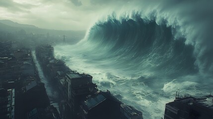 Colossal tsunami wave crashes into a dense city, a powerful Disaster Background. Towering water engulfs buildings under misty mountains, conveying impending doom and destruction.
