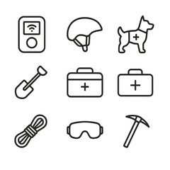 Snow Sports Safety Icons. Outline icon set of snow sports safety: avalanche beacon, snow helmet, rescue dog, emergency shovel,
