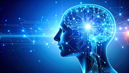 Profile view of a head, rendered with a translucent brain overlaid with circuit board patterns and glowing nodes