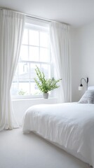 Fototapeta premium White bedroom with a large window and white linen bedding.