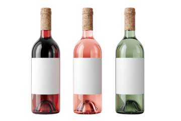 Three wine bottles, red, ros?, and white, with blank labels