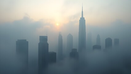 Obraz premium 새벽 안개가 낀 고층 건물 시티뷰 해가 올라오는 일출장면 High-rise building with early morning fog, city view. Sunrise scene where the sun rises