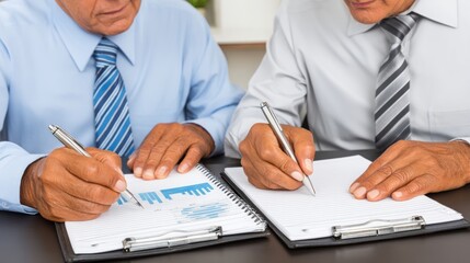 Businessmen analyzing financial documents during a meeting in an office setting