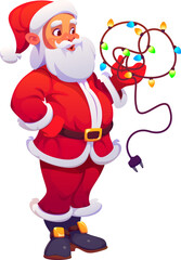 Cartoon Christmas Santa character holding a tangled string of colorful lights with amused expression, captures the holiday spirit and frustration of decorating. Vector Santa preparing for celebration