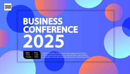 A modern and dynamic event poster template designed for a business conference. vibrant color palette of blue and orange, with layered, semi-transparent circles creating a stylish bokeh or bubble.
