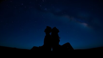 어두운 남색 별빛있는 밤하늘 아래 연인이 서로 등을 기대고 앉아있는 실루엣Silhouette where lovers sit with their backs against each other under the dark navy starry night sky