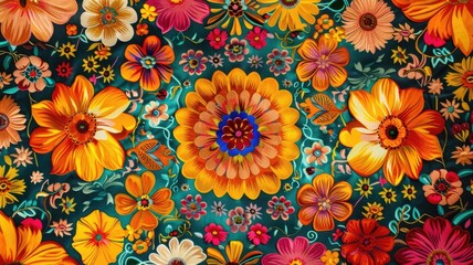 An intricate cross stitch pattern with vibrant flowers on blue