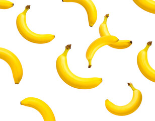Artistic Composition of Bouncing Banana Bunch Frozen in Air, Minimalist White Background