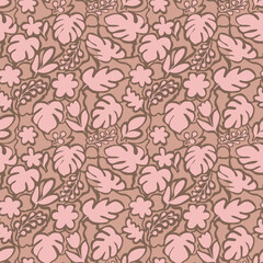 seamless floral pattern pink flowers and leaves on brown background. hand-drawn flora design, perfect for fabric , wallpapers, stationery and soft decor elements.