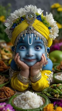 Joyful Janmashtami devotion: Hindu celebration, Krishna birth, adorable toddler, smiling baby, blue skin, yellow dress, divine infant, sacred monarch, cute child, Gokulashtami, Rohini, Jayanti