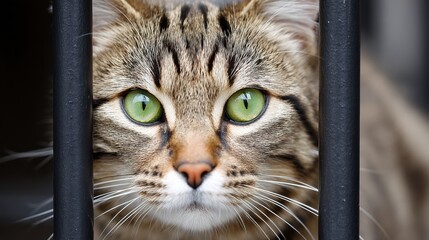 Close-up of a tabby cat with green eyes behind black bars on a neutral background