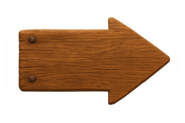 Wooden arrow sign pointing to the right, fixed with nails, isolated on transparent background, ideal for indicating direction