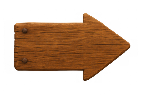Wooden arrow sign pointing to the right, fixed with nails, isolated on transparent background, ideal for indicating direction
