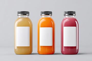 Three clear glass juice bottles, each with a blank label,  in varying colors (orange, peach, and raspberry) arranged horizontally against a neutral backdrop