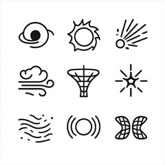 Fototapeta premium Space Icons Set. Outline icon set of space forces: black hole, solar flare, cosmic rays, gravity well, nebula winds, radiation