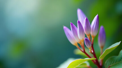 Fototapeta premium Purple Flower Buds with Green Leaves and a Soft Teal Background purple flowers unopened flowers