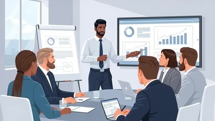 Business meeting with a presenter explaining data analytics on a screen to a diverse team in an office - Powered by Adobe