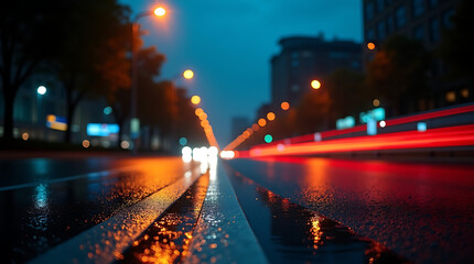 Fototapeta premium Rainy City Street at Night with Blurred Lights and Reflections on Wet Asphalt wet street raining