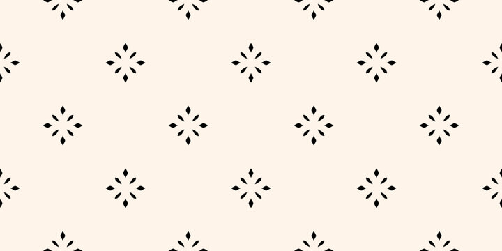 Luxury black and white minimalist background. Vector geometric seamless pattern with diamond shapes, stars, flowers. Elegant modern shiny abstract texture. Simple minimal monochrome repeated design