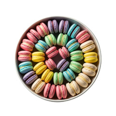 A delightful array of colorful macarons in pastel shades, artfully arranged in a circular pattern against a white backdrop