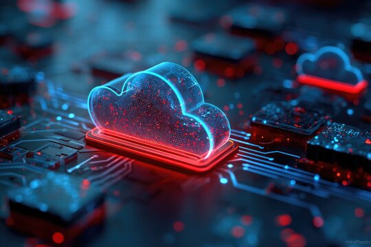 A translucent cloud icon rests on a circuit board,  illuminated with glowing red and blue lights.  Data points appear within the cloud and circuit traces - Powered by Adobe