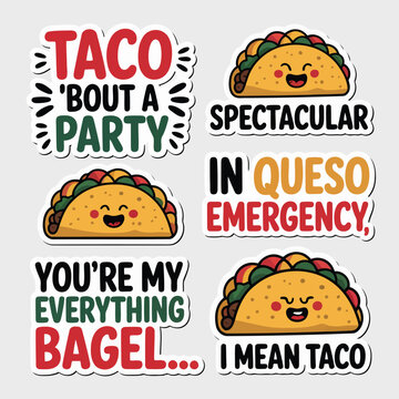 Vector illustration of Taco Party Stickers: Fun Taco Quotes and Designs