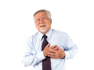 Asian senior man suffering from chest pain and heart attack, elderly male in formal shirt and tie holding chest with painful expression isolated on a transparent background, health problem in aging