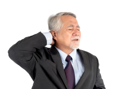 Senior Asian businessman in formal suit suffering from neck pain and stiffness, touching his neck with expression of discomfort, stress or muscle strain, isolated on a transparent background - Powered by Adobe