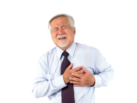 Asian senior man suffering from chest pain and heart attack, elderly male in formal shirt and tie holding chest with painful expression isolated on a transparent background, health problem in aging