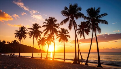 Silhouette Palm Trees At Tropical Sunset Beach