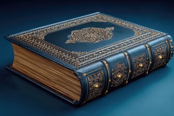 Ornate antique book, dark blue leather, gold accents
