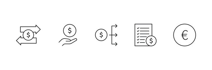 Money transfer, hand giving, financial distribution icon set, business checklist, euro currency, banking management, economy analysis, linear vector illustration