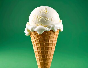 Delicious single scoop vanilla ice cream cone isolated on a green background