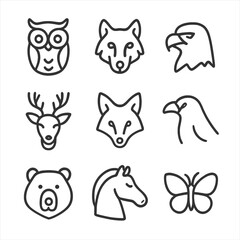Fototapeta premium Spirit Animal Icons. Outline icon set of spirit animals: owl, wolf, eagle, deer, fox, raven, bear, horse, butterfly. Line icons in