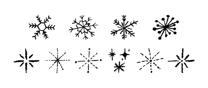 Christmas snowflake set with wax black crayon or charcoal texture. Quirky chalkboard style, perfect for kindergarten Xmas crafts, cards and holiday designs. Vector illustration drawn as if by a child